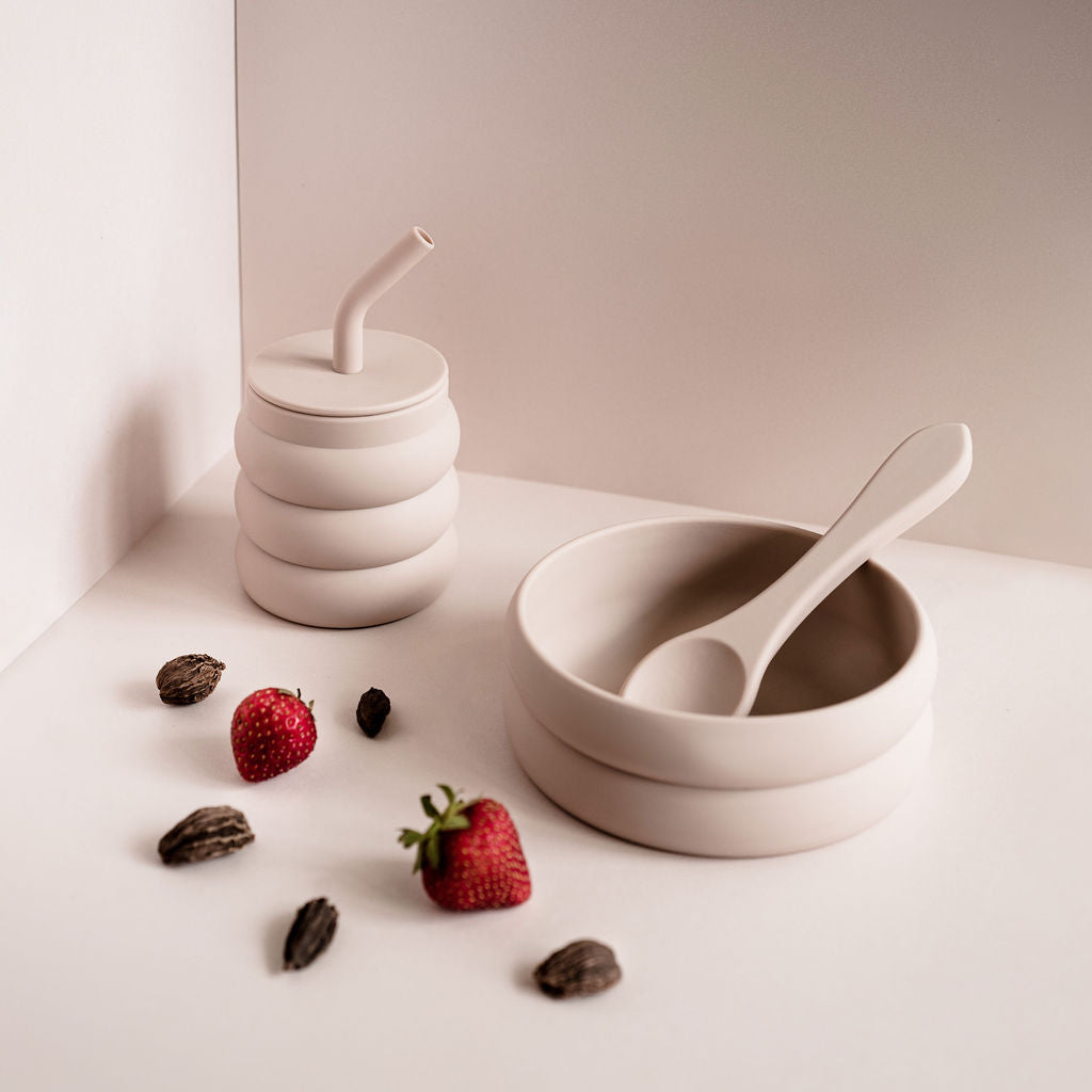 The Breakfast Set - Silicone Cup, Bowl and Spoon (Strawberry-Cardamom)